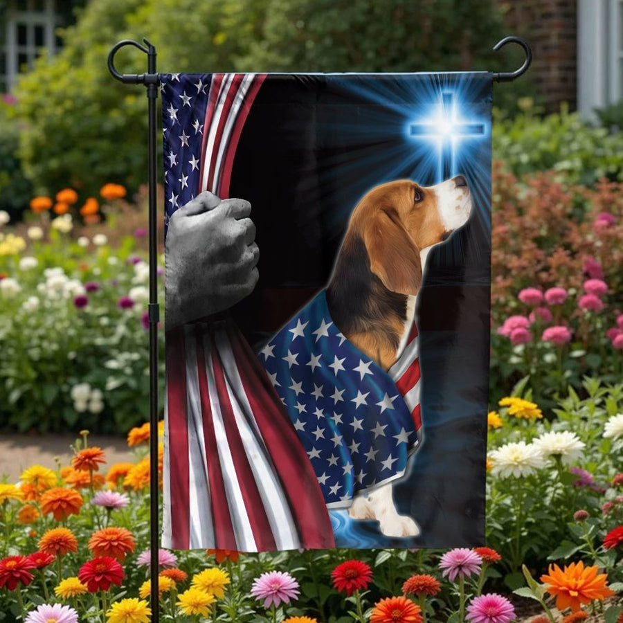 Patriotic Beagle Garden Flag | Beagle with American Flag and Cross | Weather-Resistant Double Sided | Patriotic Gift for Beagle Owner