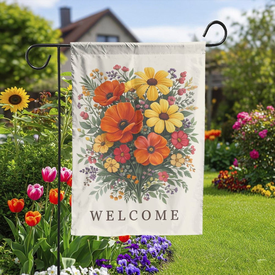 Welcome Garden Flag | Vintage Wildflower Bouquet | Double-Sided Weather Resistant Fabric | Spring & Summer Outdoor Yard Decor Gift