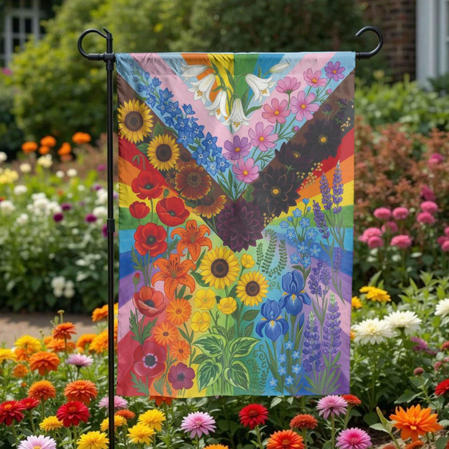 Progress Pride Garden Flag | Floral Botanical Art Design | Double-Sided Weather-Resistant Polyester | LGBTQ Ally Support Gift