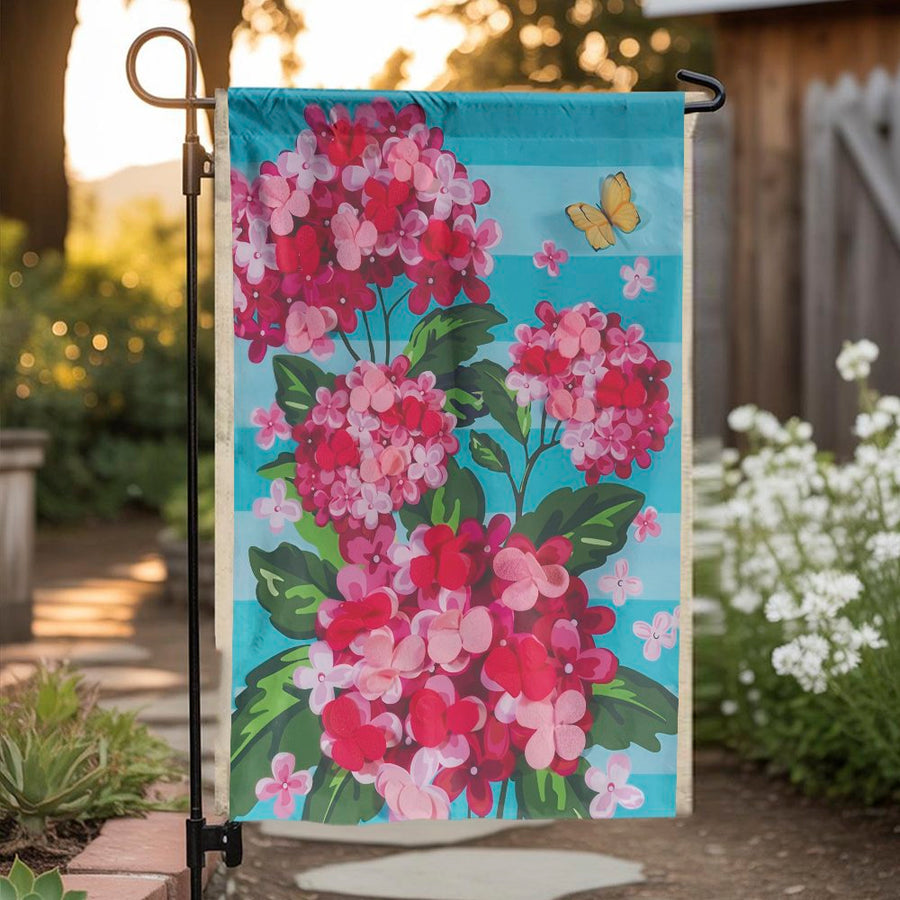 Hydrangea Garden Flag | Pink Floral with Butterfly Art | Double-Sided Weather Resistant Fabric | Outdoor Yard Decor Gift for Gardener