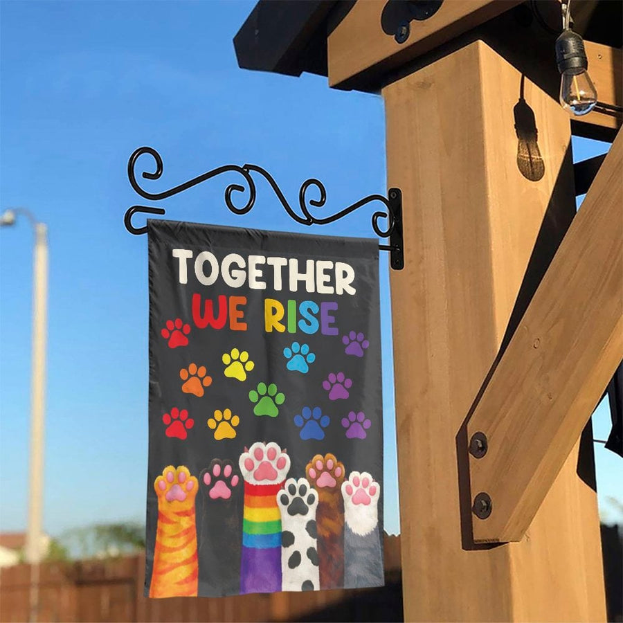 Rainbow Paw Print Garden Flag | Together We Rise Cat & Dog Paws Design | Double-Sided Polyester | LGBTQ Ally Pride Month Yard Decor Gift