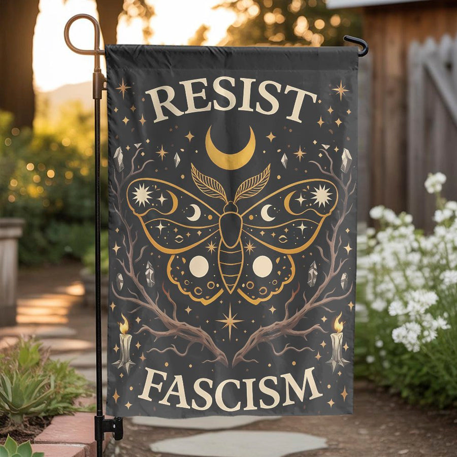 Resist Fascism Garden Flag | Mystical Celestial Moth Art | Double Sided Polyester | Political Activist Gift & Yard Decor
