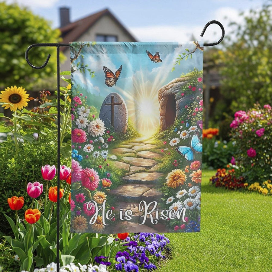He Is Risen Garden Flag | Christian Empty Tomb Scene with Cross | Double Sided Polyester | Religious Easter Yard Decor Gift