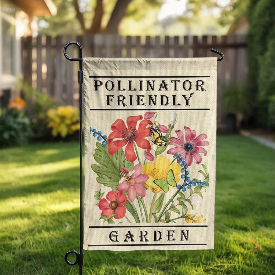 Pollinator Friendly Garden Flag | Vintage Botanical Wildflower Print with Bees & Butterflies | Weather Resistant Double Sided Banner | Yard Decor Gift for Gardener