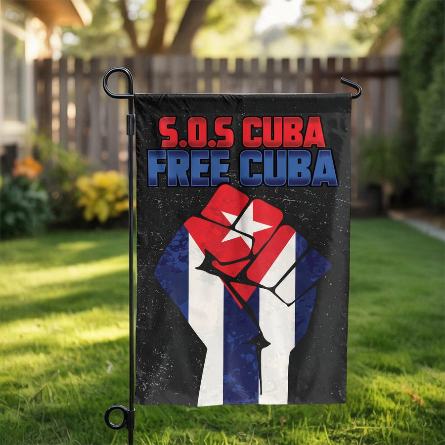 Free Cuba Garden Flag | SOS Cuba Patriotic Freedom Fist | Double Sided Weather Resistant Polyester | Yard Decor Gift for Cuban Patriots