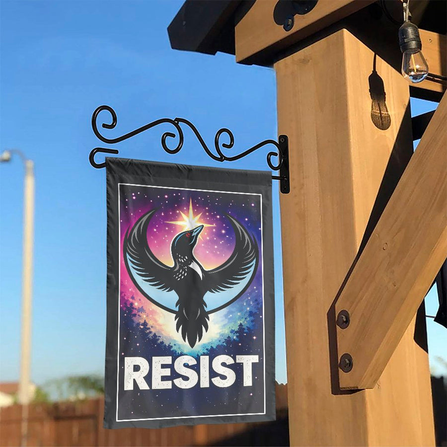 Minnesota Resist Garden Flag | Cosmic Loon Bird Protest Art | Double-Sided Weather-Resistant Polyester | Political Yard Decor Gift