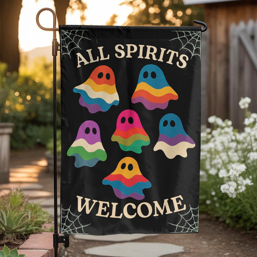 All Spirits Welcome Garden Flag | Cute Rainbow Ghost Design | Double-Sided Weather Resistant | Outdoor Halloween Yard Decor Gift