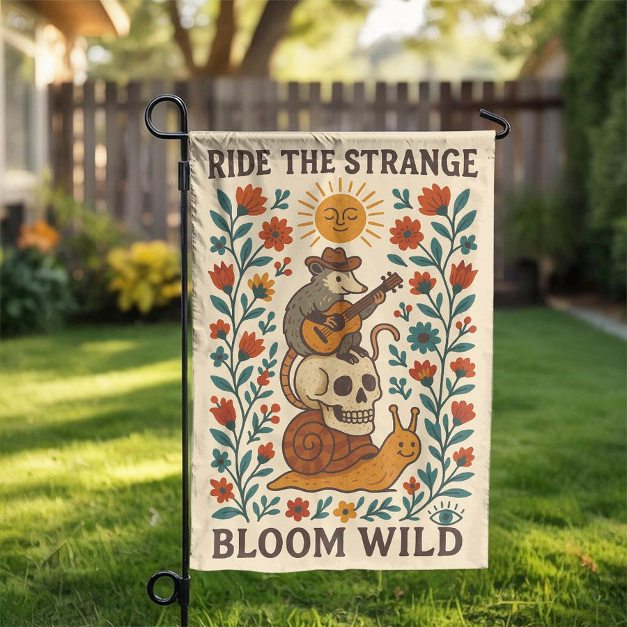 Funny Possum Garden Flag | Ride The Strange Retro Opossum & Skull Design | Double Sided Weather-Resistant Fabric | Unique Outdoor Yard Decor Gift