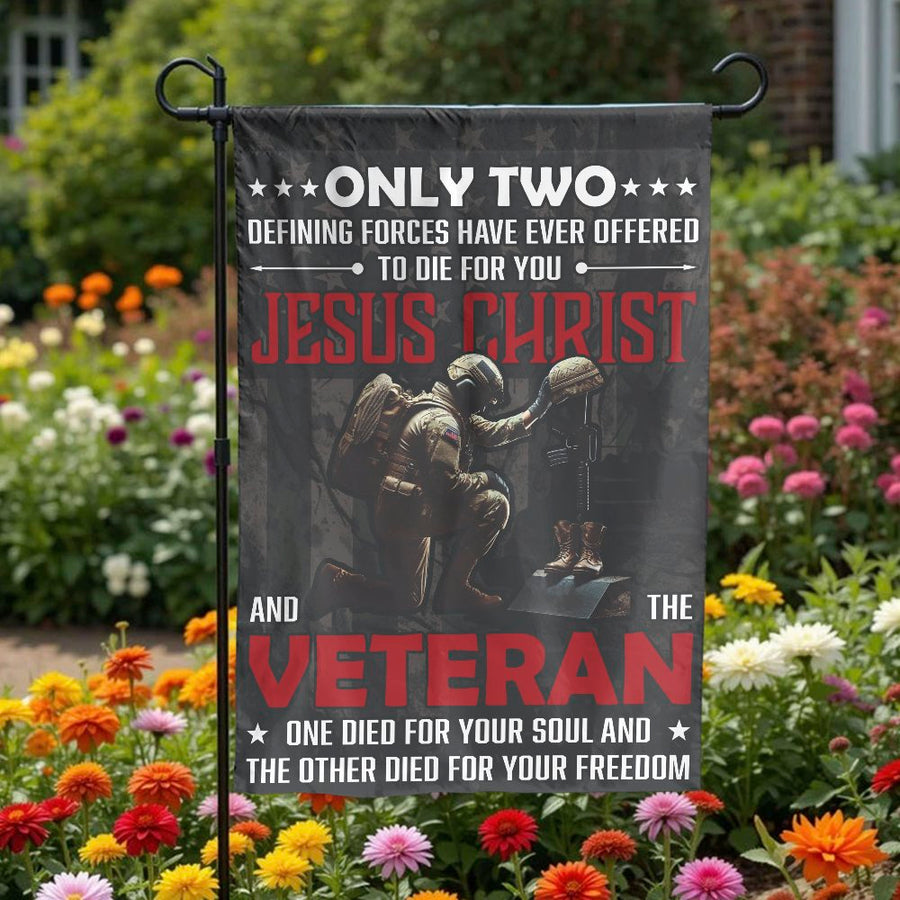 Christian Veteran Garden Flag | Patriotic Kneeling Soldier Memorial | Double-Sided Premium Polyester | Gift for Military Families