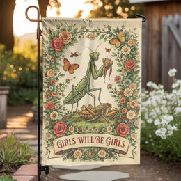 Funny Praying Mantis Garden Flag | Girls Will Be Girls Vintage Botanical Art | Double-Sided Weather-Resistant Polyester | Unique Gift for Gardener