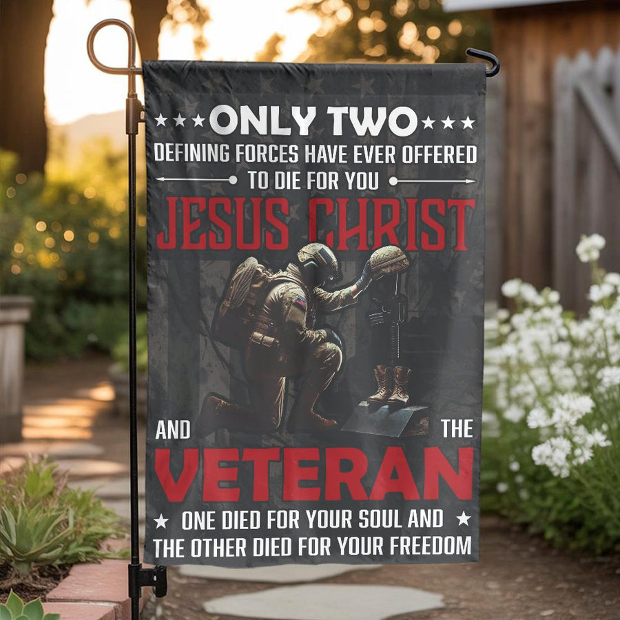 Christian Veteran Garden Flag | Patriotic Kneeling Soldier Memorial | Double-Sided Premium Polyester | Gift for Military Families
