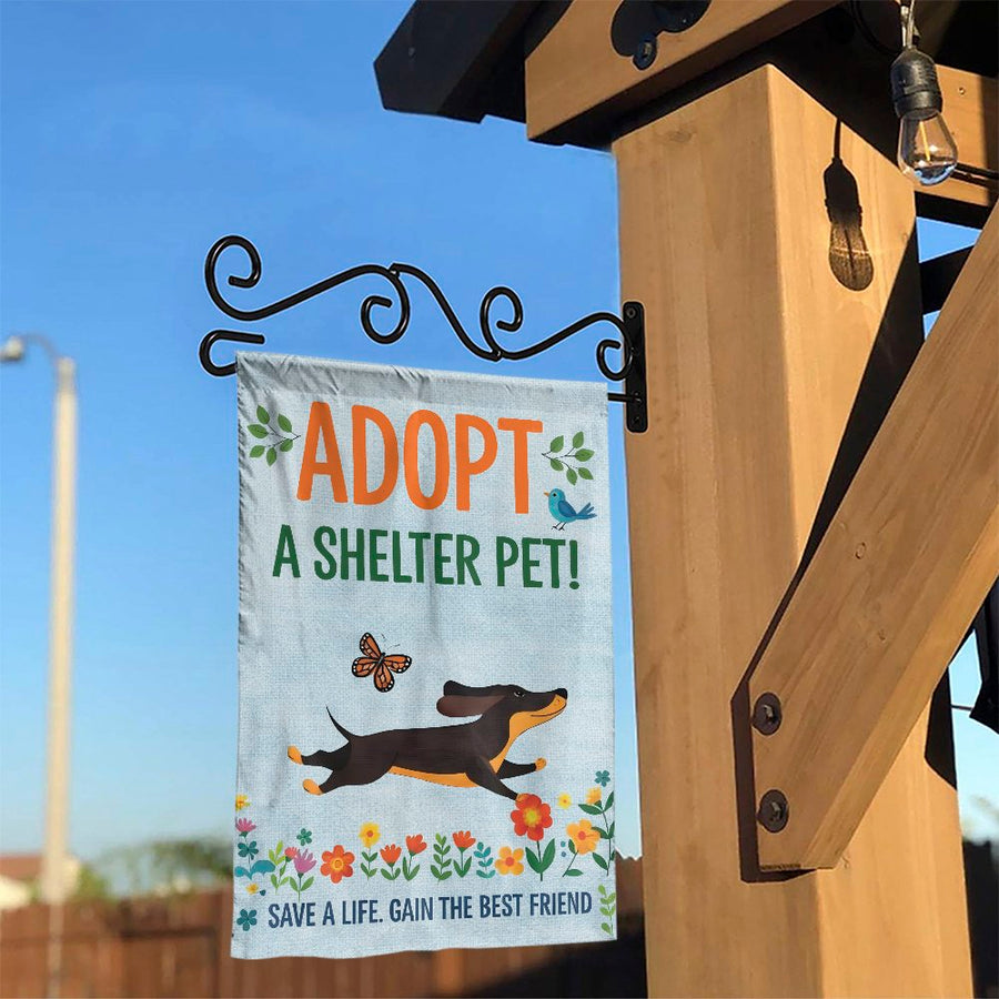 Adopt a Shelter Pet Garden Flag | Cute Dachshund Dog Decor | Double Sided Weather Resistant Polyester | Yard Sign Gift for Dog Lovers
