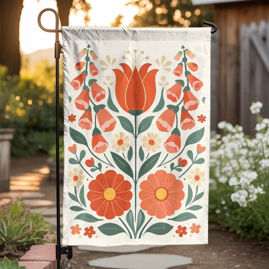 Folk Art Floral Garden Flag | Symmetrical Tulip & Daisy Pattern | Weather-Resistant Polyester | Spring Welcome Yard Decor Gift