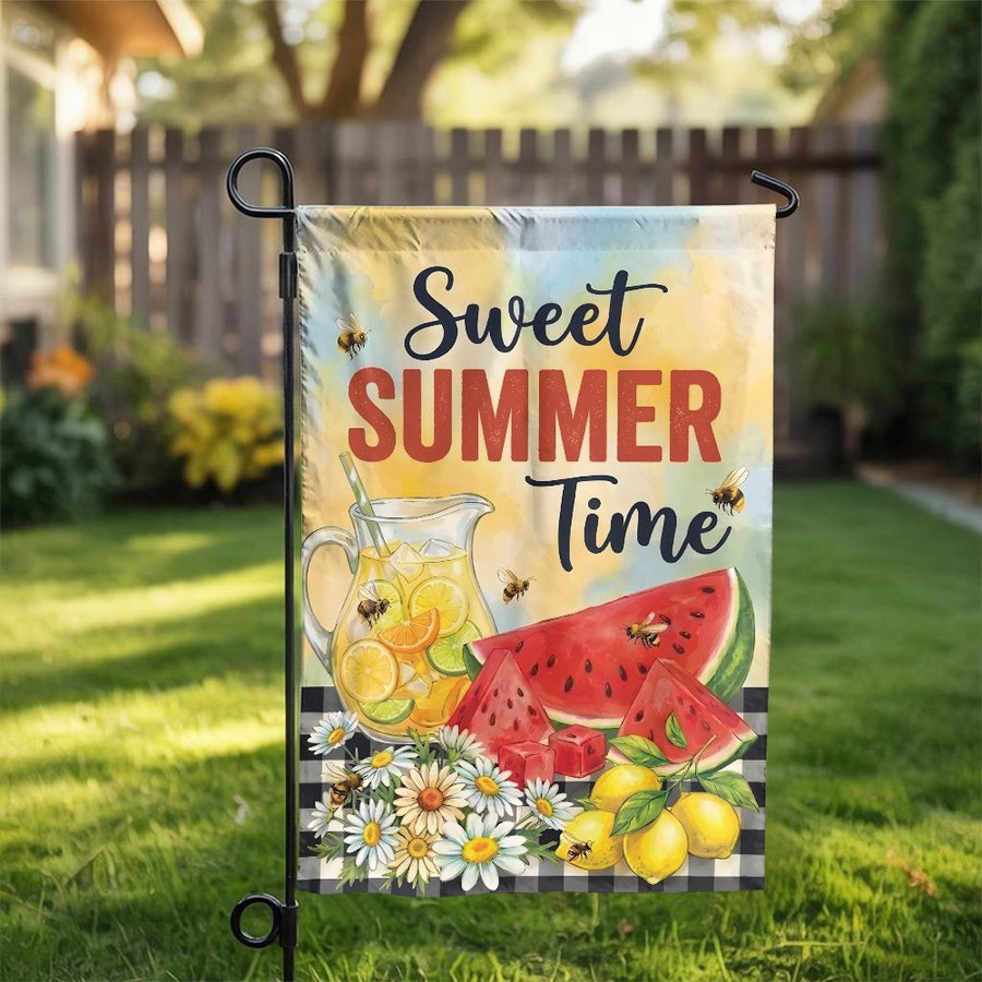 Sweet Summer Time Garden Flag | Lemonade and Watermelon Print with Bees | Double Sided Weather Resistant Fabric | Seasonal Patio & Front Porch Decor