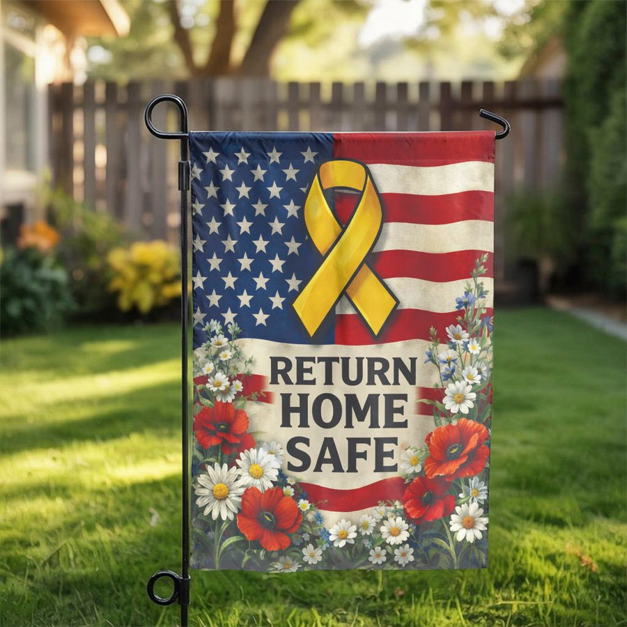 Return Home Safe Garden Flag | Support Our Troops Yellow Ribbon US Flag | Double-Sided Polyester | Patriotic Yard Decor Gift for Military Family
