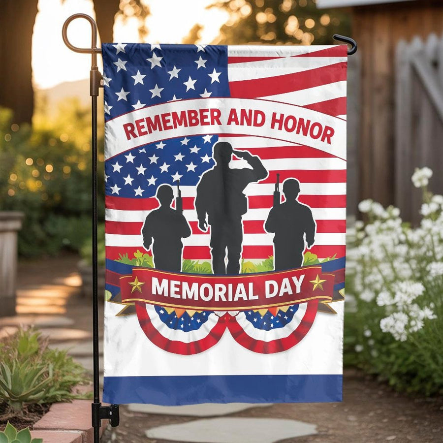 Memorial Day Garden Flag | Remember and Honor Soldier Silhouette | Double-Sided Weather-Resistant Fabric | Patriotic Outdoor Yard Decor for Veterans