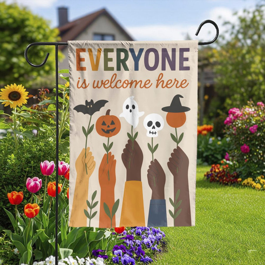 Inclusive Halloween Garden Flag | Everyone is Welcome Here Design | Double Sided Weather Resistant | Seasonal Outdoor Decor Gift for Home
