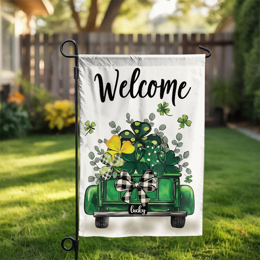 St Patricks Day Garden Flag | Welcome Lucky Shamrock Truck Design | Double Sided Weather Resistant | Seasonal Farmhouse Yard Decor Gift