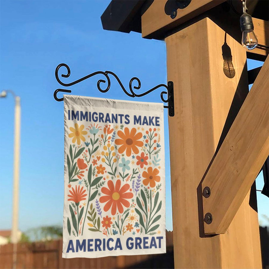 Immigrants Make America Great Garden Flag | Retro Wildflower Floral Art | Weather Resistant Double Sided Fabric | Patriotic Yard Decor Gift