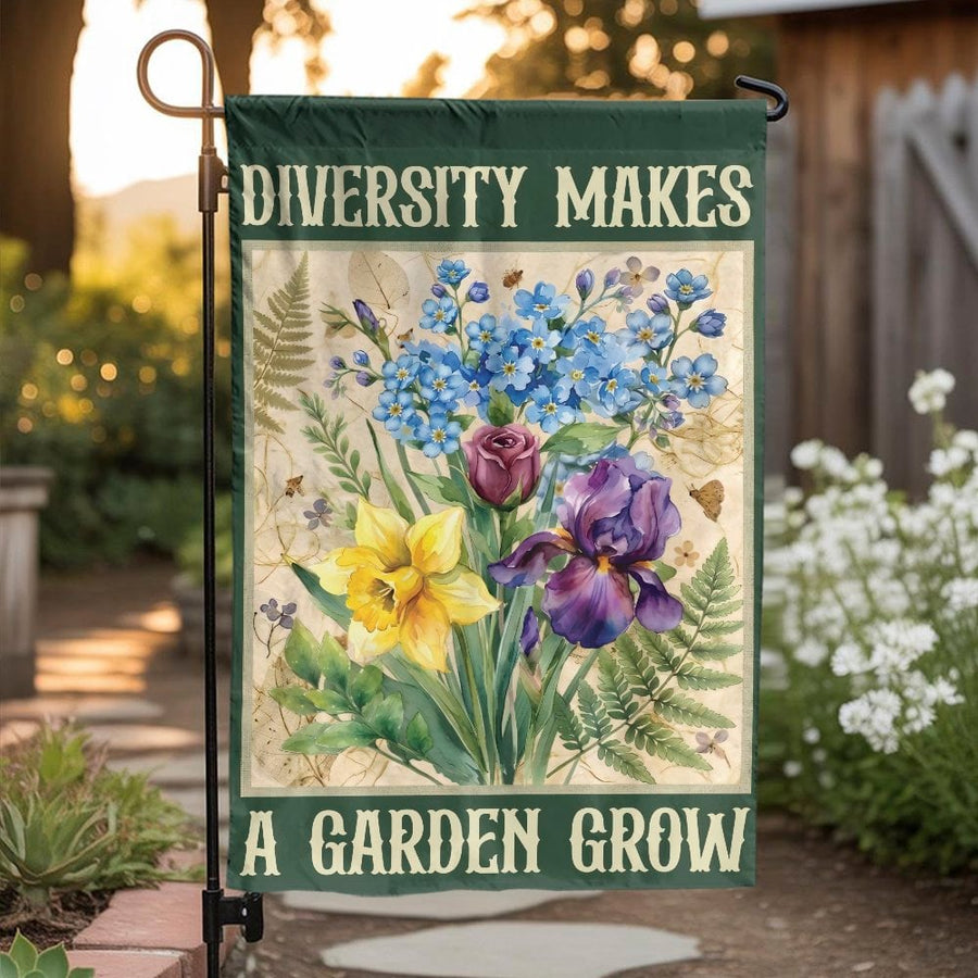 Diversity Makes A Garden Grow Garden Flag | Vintage Botanical Wildflower Art | Double Sided Polyester | Premium Yard Decor for Gardeners