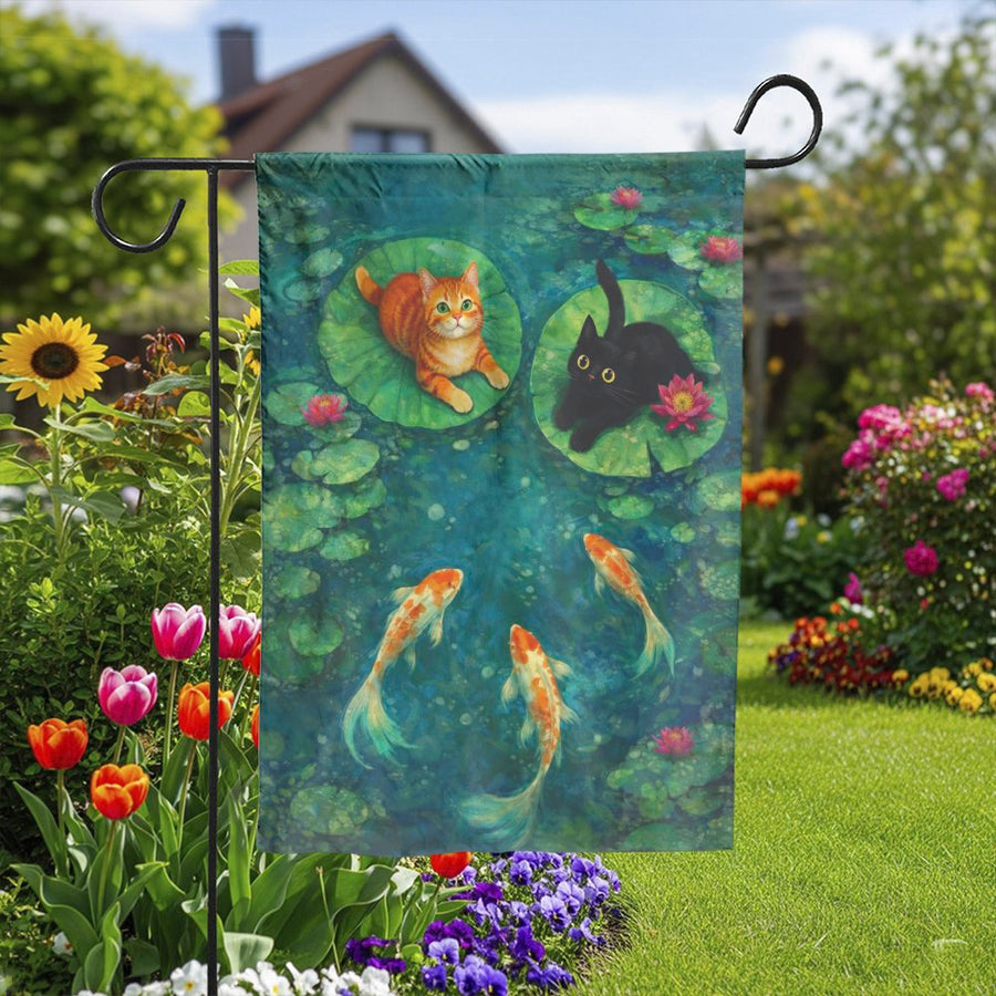 Cat and Koi Pond Garden Flag | Whimsical Watercolor Art | Weather Resistant Polyester | Outdoor Yard Decor Gift for Cat Lover