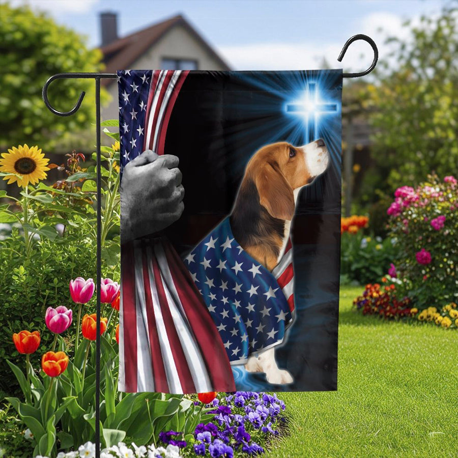 Patriotic Beagle Garden Flag | Beagle with American Flag and Cross | Weather-Resistant Double Sided | Patriotic Gift for Beagle Owner