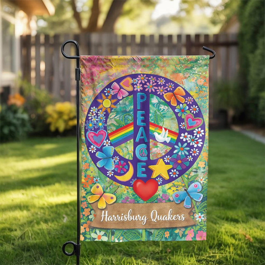 Peace Sign Garden Flag | Harrisburg Quakers Floral Design | Weather Resistant Double Sided | Outdoor Yard Decor Gift for Quaker Community