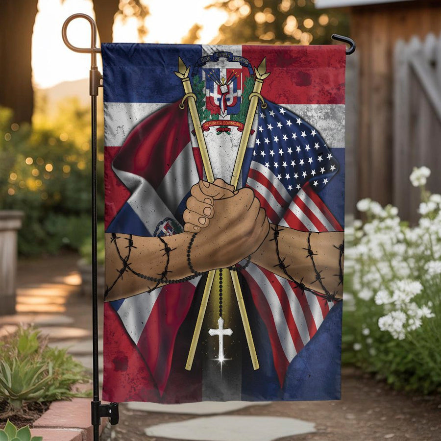 Dominican American Garden Flag | Dominican & USA Handshake Unity | Double Sided Weather-Resistant Polyester | Patriotic Yard Decor Gift
