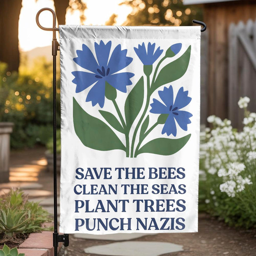 Save The Bees Garden Flag | Environmental Slogan & Floral Art | Double Sided Premium Polyester | Progressive Activist Gardener Gift