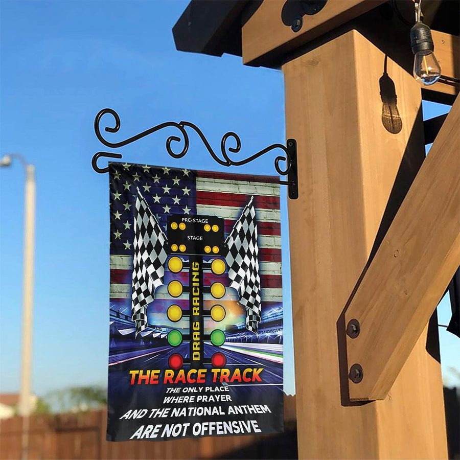 Drag Racing Garden Flag | Race Track Prayer and Anthem Quote | Double-Sided Weatherproof Banner | Gift for Drag Racing Fan