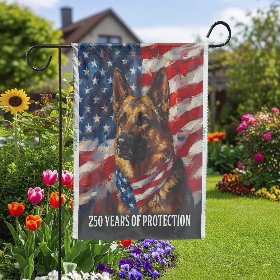 German Shepherd Garden Flag | Patriotic American Flag Portrait | Double Sided Polyester | USA 250th Anniversary Gift for Dog Lovers