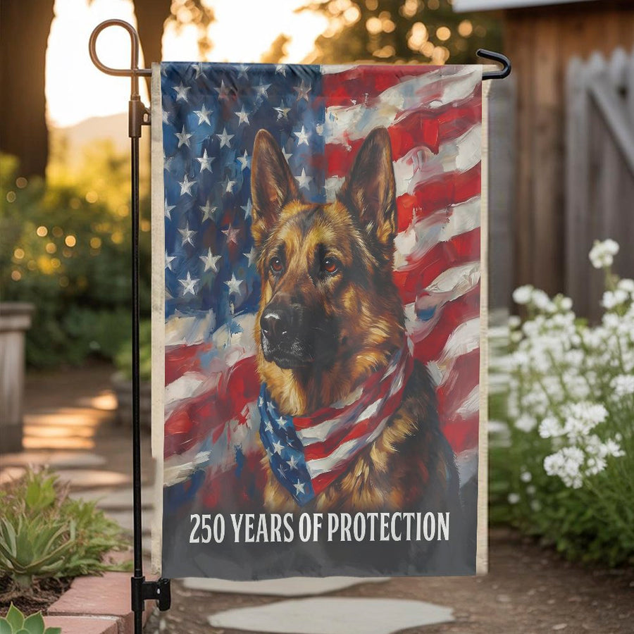 German Shepherd Garden Flag | Patriotic American Flag Portrait | Double Sided Polyester | USA 250th Anniversary Gift for Dog Lovers
