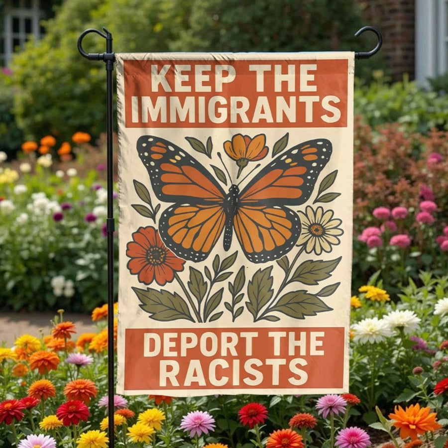 Keep The Immigrants Garden Flag | Vintage Monarch Butterfly Design | Weather-Resistant Double Sided Banner | Progressive Political Yard Decor