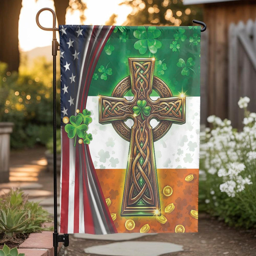 Irish American Garden Flag | Celtic Cross & Shamrock Design | Double-Sided Weather Resistant | St Patrick's Day Outdoor Decor Gift