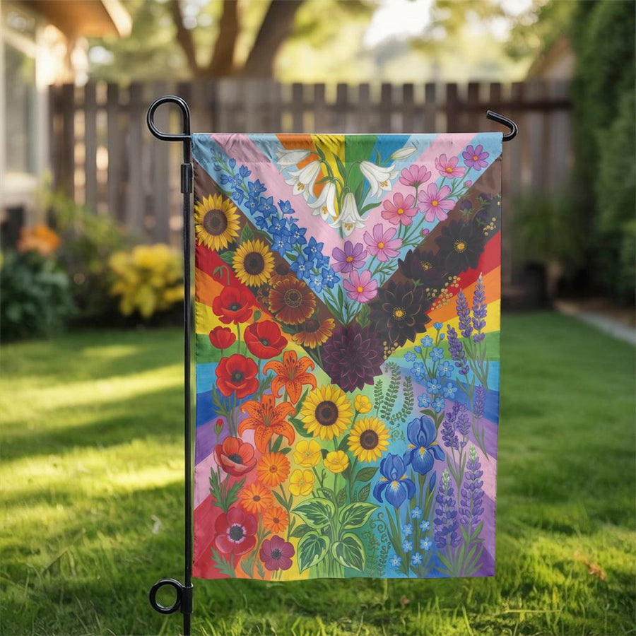 Progress Pride Garden Flag | Floral Botanical Art Design | Double-Sided Weather-Resistant Polyester | LGBTQ Ally Support Gift