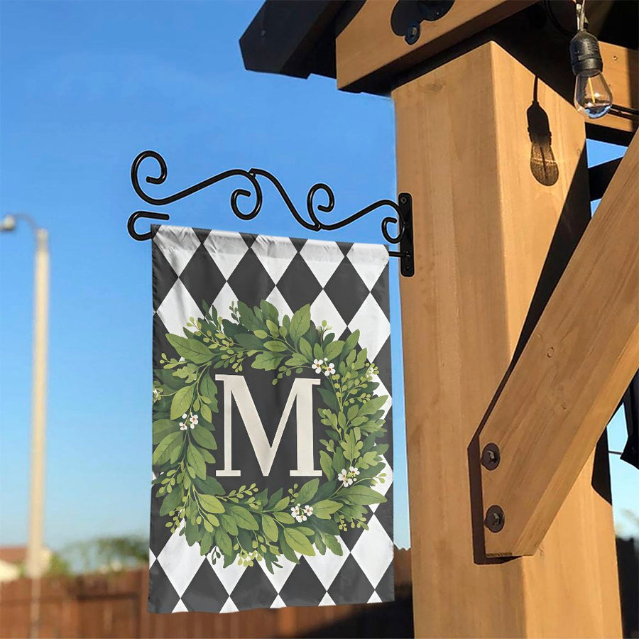 Monogram Garden Flag | Letter M Greenery Wreath & Harlequin Design | Double Sided Polyester | Outdoor Yard Decor Gift