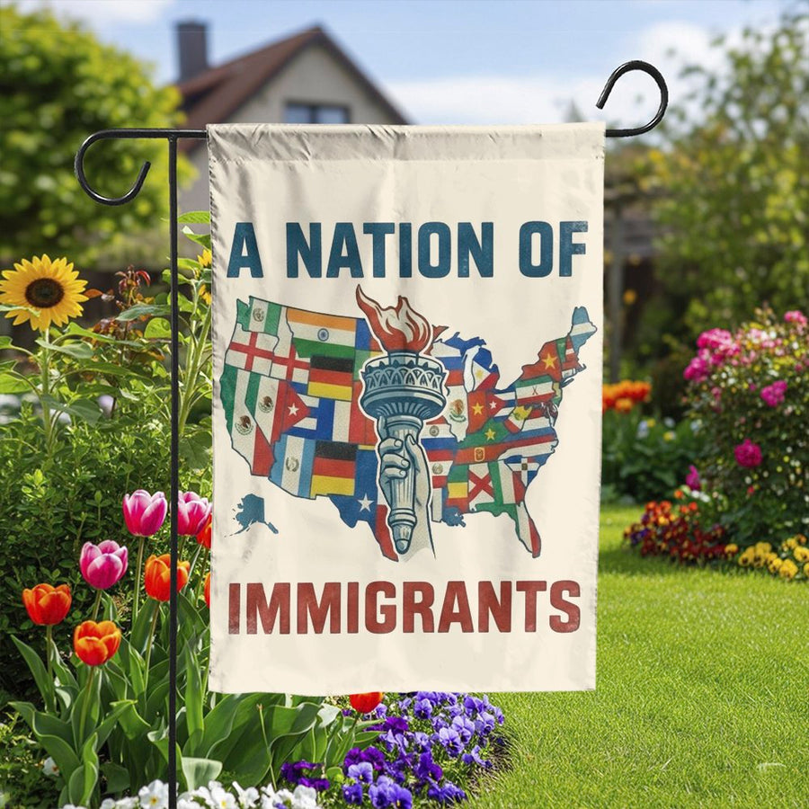 Nation of Immigrants Garden Flag | USA Map with World Flags | Double Sided Weather-Resistant Fabric | Pro Immigrant Patriotic Yard Decor