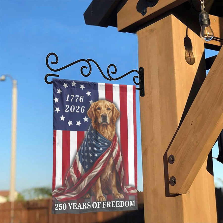 Patriotic Golden Retriever Garden Flag | 250th Anniversary USA 1776-2026 Design | Double Sided Weather Resistant Polyester | Commemorative Gift for Dog Lovers