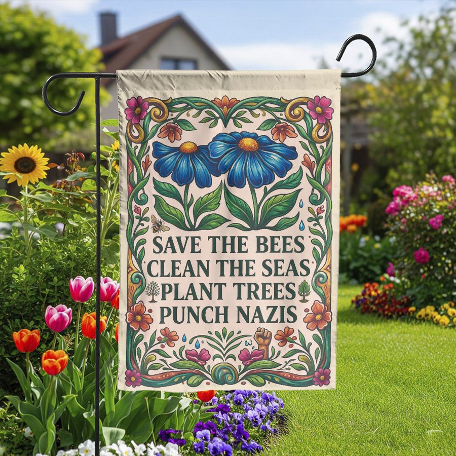 Progressive Garden Flag | Save The Bees Vintage Floral Print | Premium Double Sided Polyester | Anti-Fascist Activist Gift & Yard Decor