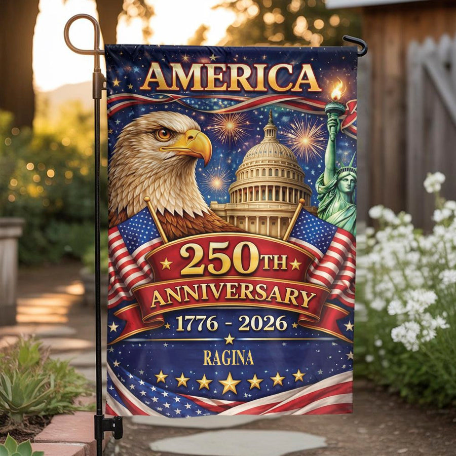 America 250th Anniversary Garden Flag | Patriotic Eagle & Landmarks Decor | Premium Weather-Resistant Fabric | USA Semiquincentennial Collector's Gift