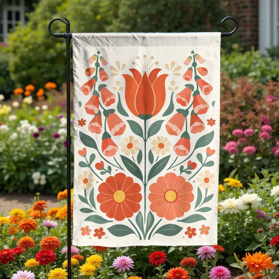 Folk Art Floral Garden Flag | Vintage Botanical Tulip Print | Double Sided Weather Resistant Fabric | Welcome Home Porch & Patio Decor