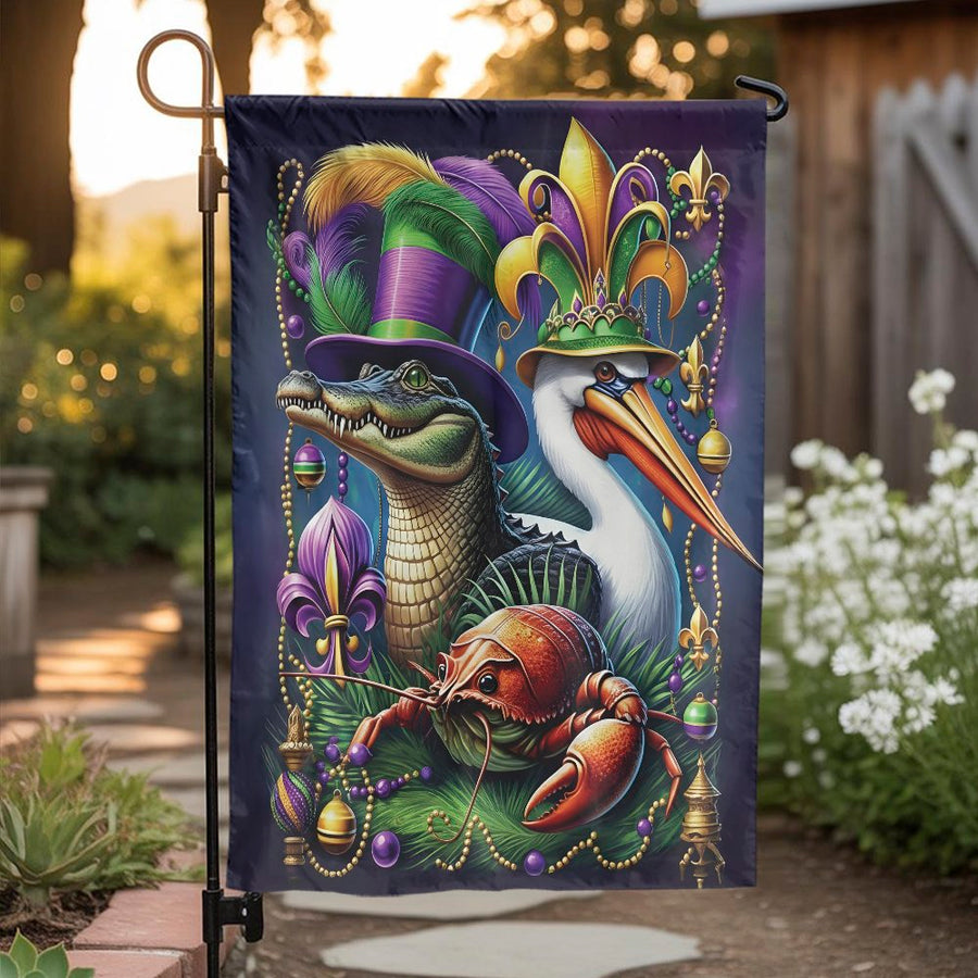 Mardi Gras Garden Flag | Alligator, Pelican & Crawfish Trio | Double Sided Polyester | Seasonal New Orleans Yard Decor Gift