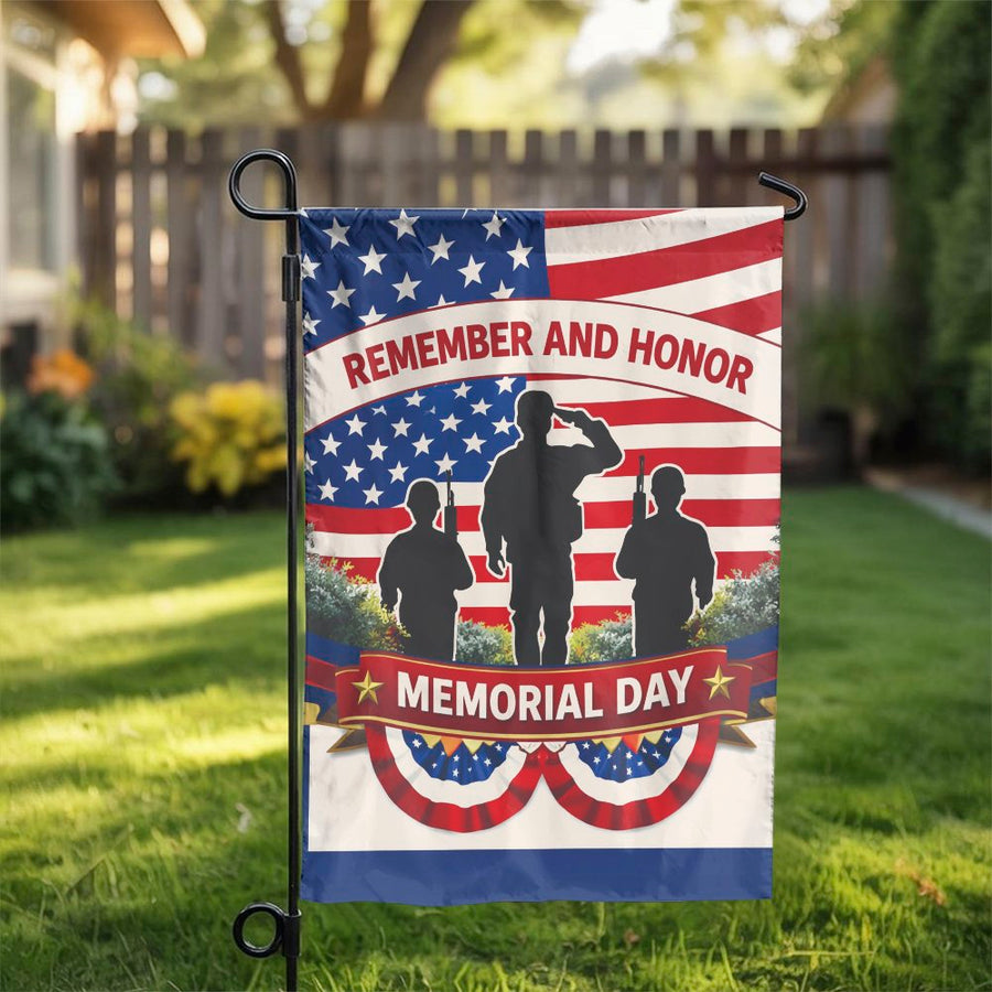 Memorial Day Garden Flag | Remember and Honor Soldier Silhouette | Double Sided Weather Resistant Fabric | Commemorative Yard Decor for Veterans