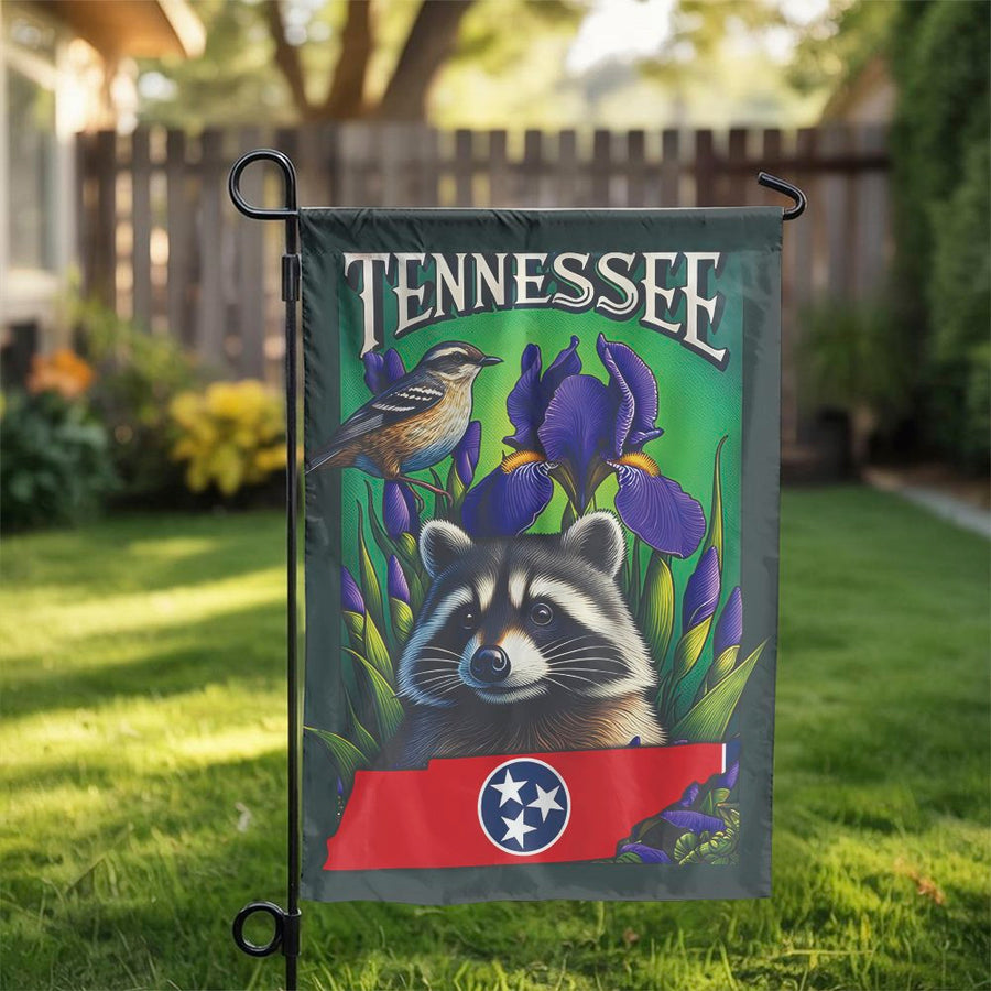 Tennessee Garden Flag | State Symbols with Raccoon & Iris | Double Sided Weather Resistant | Premium Outdoor Yard Decor Gift for Homeowners