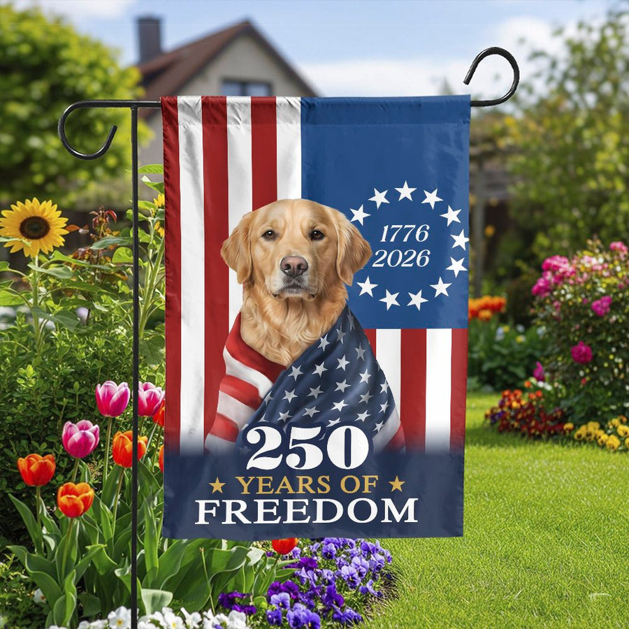 Patriotic Golden Retriever Garden Flag | 250 Years of Freedom Design | Weather-Resistant Double Sided | Commemorative Yard Decor for Dog Lovers