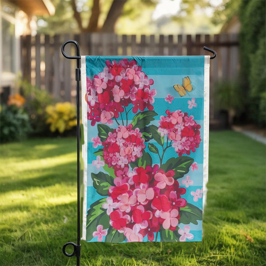 Hydrangea Garden Flag | Pink Floral with Butterfly Art | Double-Sided Weather Resistant Fabric | Outdoor Yard Decor Gift for Gardener