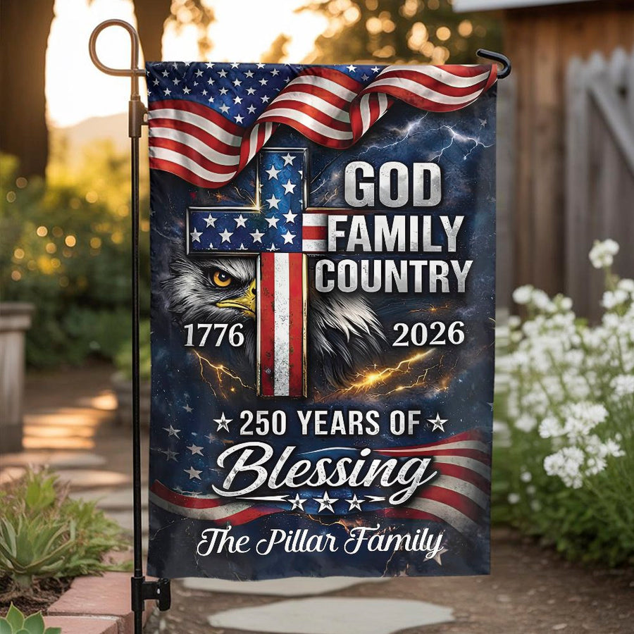 God Family Country Garden Flag | USA 250th Anniversary Eagle Cross | Weather Resistant Polyester | Patriotic Home Decor Gift for Veterans