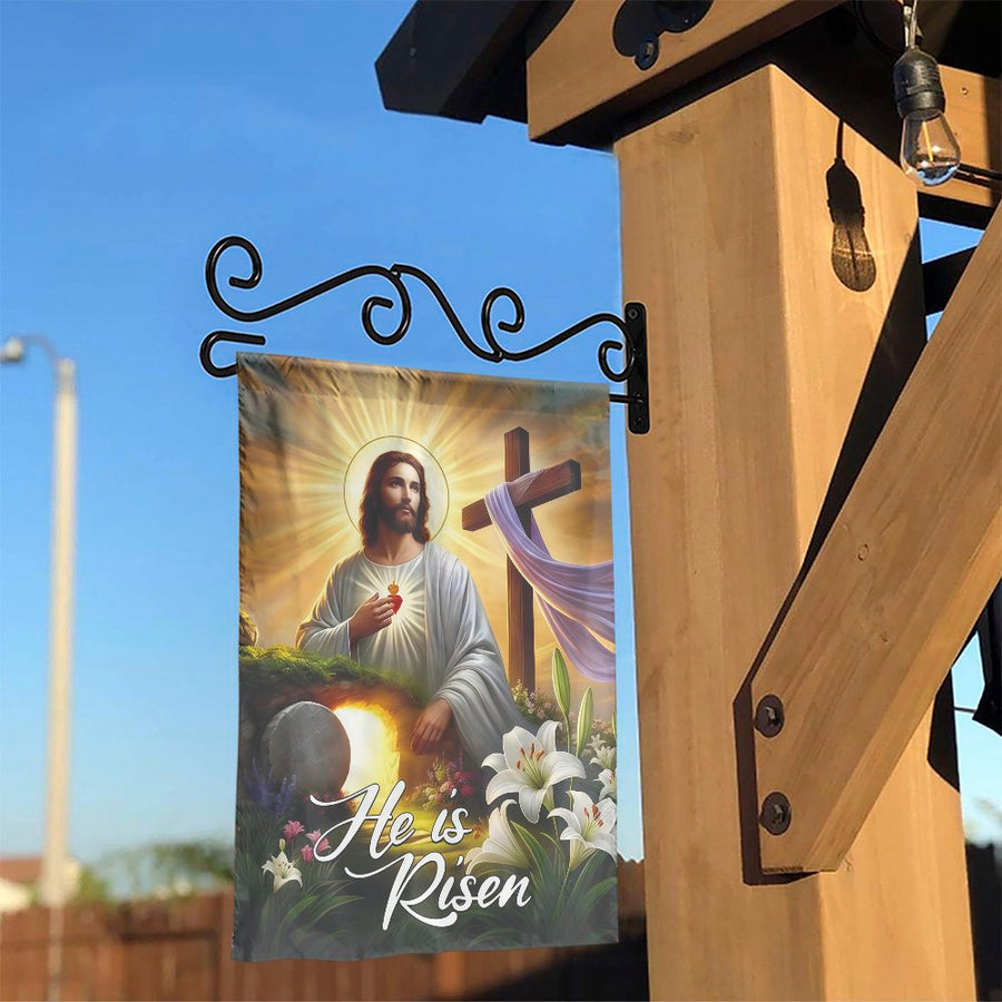 He Is Risen Garden Flag | Jesus Sacred Heart Resurrection Scene | Double Sided Weather Resistant Polyester | Premium Christian Easter Yard Decor