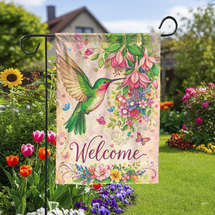 Hummingbird Welcome Garden Flag | Watercolor Botanical Art with Butterflies | Double-Sided Premium Polyester | Outdoor Yard Decor Gift for Garden Lovers