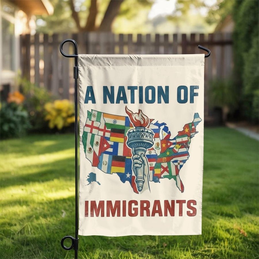 Nation of Immigrants Garden Flag | USA Map with World Flags | Double Sided Weather-Resistant Fabric | Pro Immigrant Patriotic Yard Decor